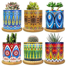 Ascrafter Mandala Succulent Pot met Afvoergaatje & Bamboe Onderzetter, Kleine Plantenpotten, Bohemian Keramische Pot voor Kleine Planten-6 Pack