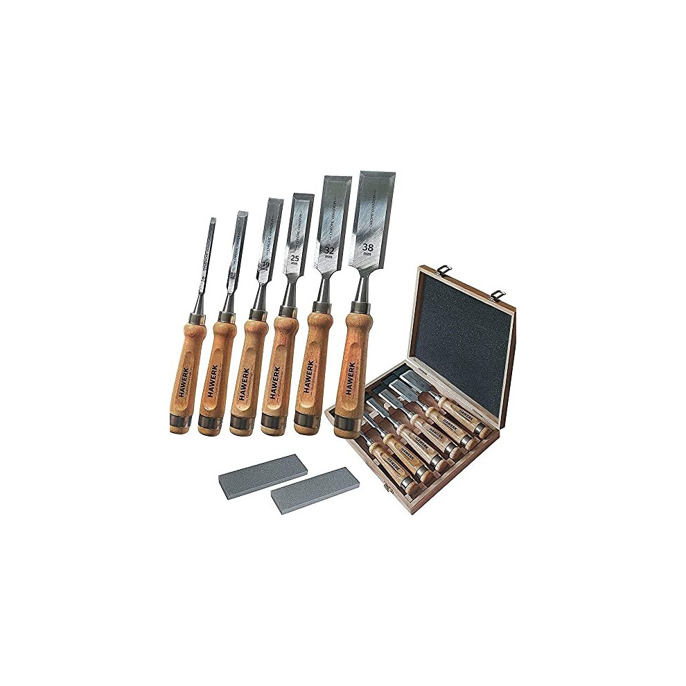 HAWERK Wood Chisel Set - Wood Carving Chisels with Premium Wooden Case - Includes 6 pcs Wood Chisels & 2 Sharpening Stones