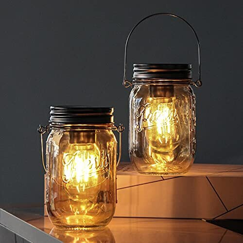 MJ PREMIER Mason Jar Lights Hanging,2-Pack Outdoor Garden Lanterns,Battery Operated Cordless Lamps,LED Bulb and Auto Timer,Patio,Indoor Lights fo