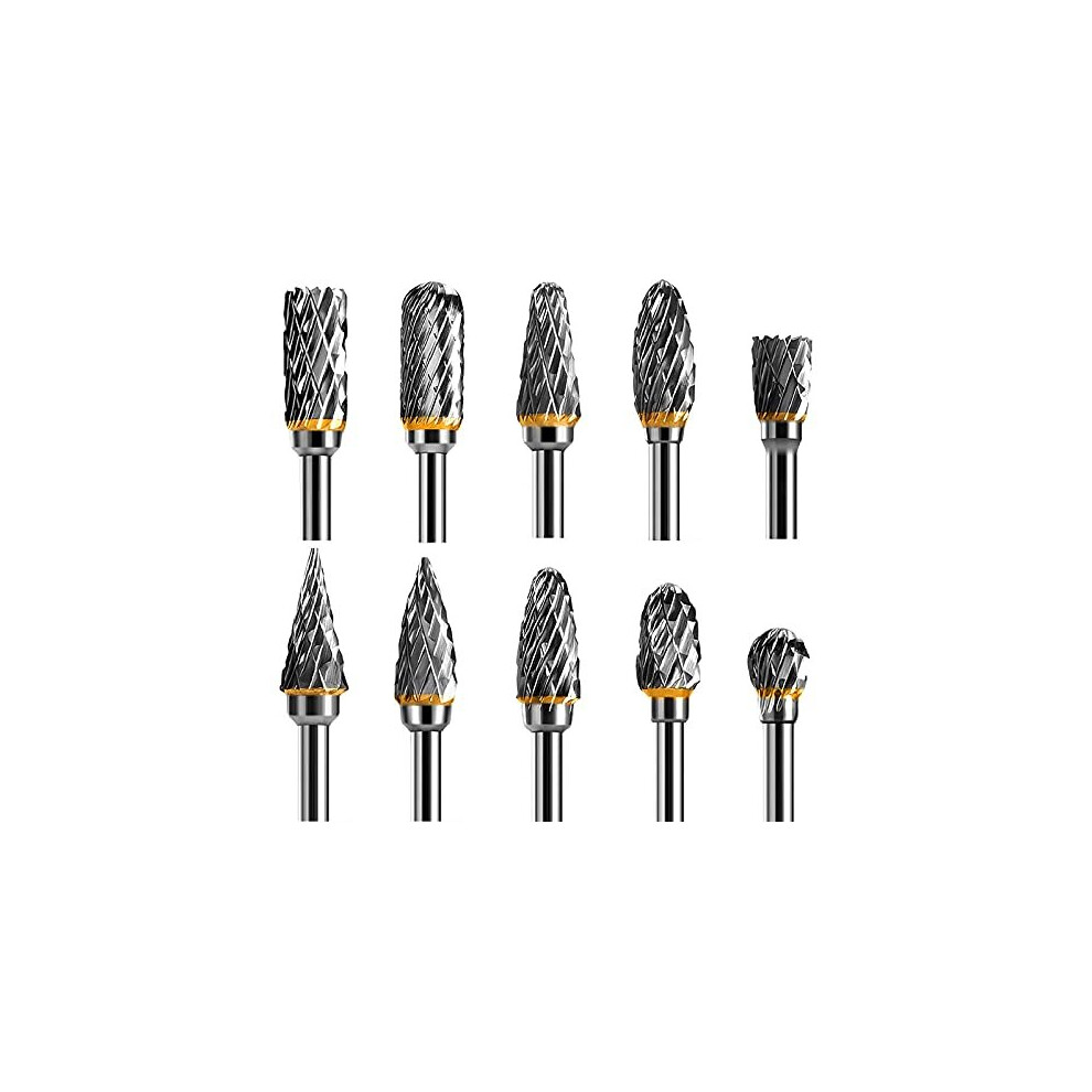 Tungsten Carbide Steel Double Cut Rotary Burrs Set for Rotary Tool, 10pcs 1/8 inches Shank Fits Rotary Tool for Grinder Drill, DIY Woodworking Ca