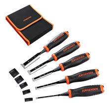 Jorgensen Wood Chisel Set, 5 Pieces Wood Carving Chisels (1/4", 3/8", 1/2", 3/4", 1"), Cr-V Bevel Edge Chisels with Steel Strike Caps, Profession