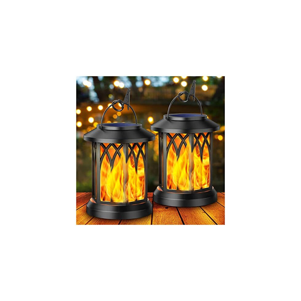 KOOPER Solar Lights Outdoor Garden, 2 Pack Hanging Solar Garden Lanterns with Realistic Flickering Flame LED, Waterproof Flame Effect Solar Garde