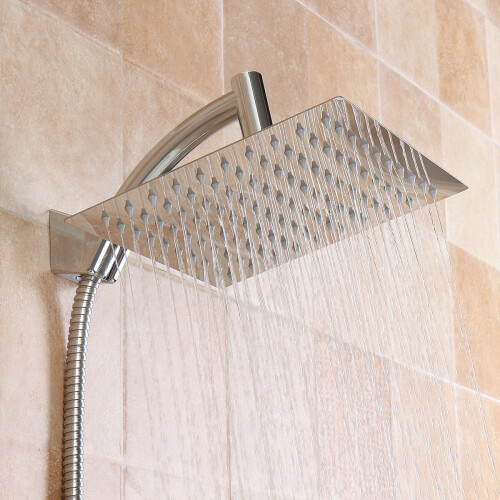 Square 8 Inch Rainfall Shower Head Extension with Arm Hose Kit Overhead 2