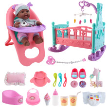 12inch My First Baby Doll Black Baby Doll with 15 Pieces Play Set with Miniature Crib Mobile High Chair Feeding Accessories and Baby Doll
