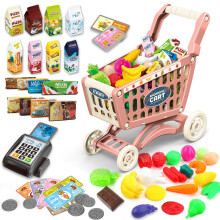 Kids Easy to Assemble Shopping Cart with Groceries POS Machine Plastic Money and Cards Red