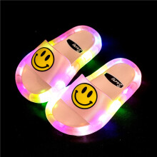 (Pink, 26-27 Shoe Inner Length16cm) Summer Children LED Slippers Slip Resistant Smiley Beach Sandals Light-up Jelly