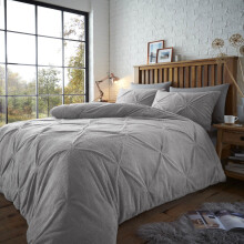 (Single, Grey) Luxury Teddy Bear Fleece Chiswick Pintuck Duvet Cover Bedding Set