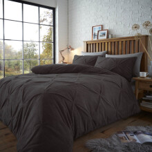 (Single, Charcoal) Luxury Teddy Bear Fleece Chiswick Pintuck Duvet Cover Bedding Set