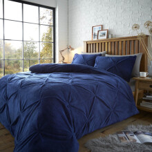 (Single, Navy) Luxury Teddy Bear Fleece Chiswick Pintuck Duvet Cover Bedding Set