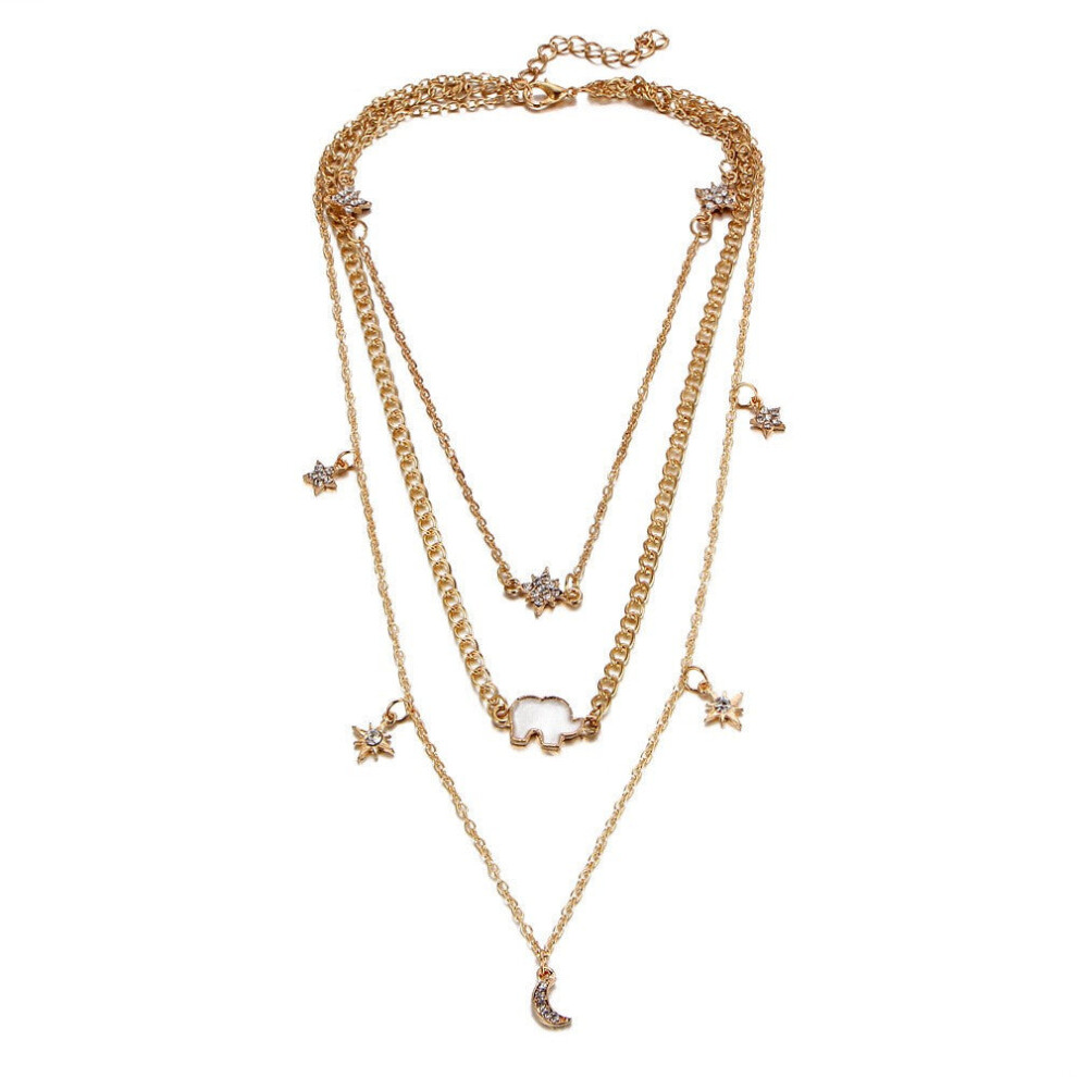 (Silver) Multi-layer Necklace Moon Star Elephant Pendant Clavicle Chain Women Jewelry