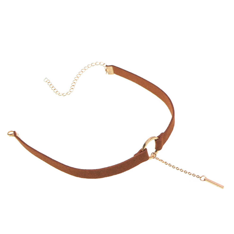 (Brown) Silver Plated Metal Pendant Leather Round Choker Necklace for Couple Lovers