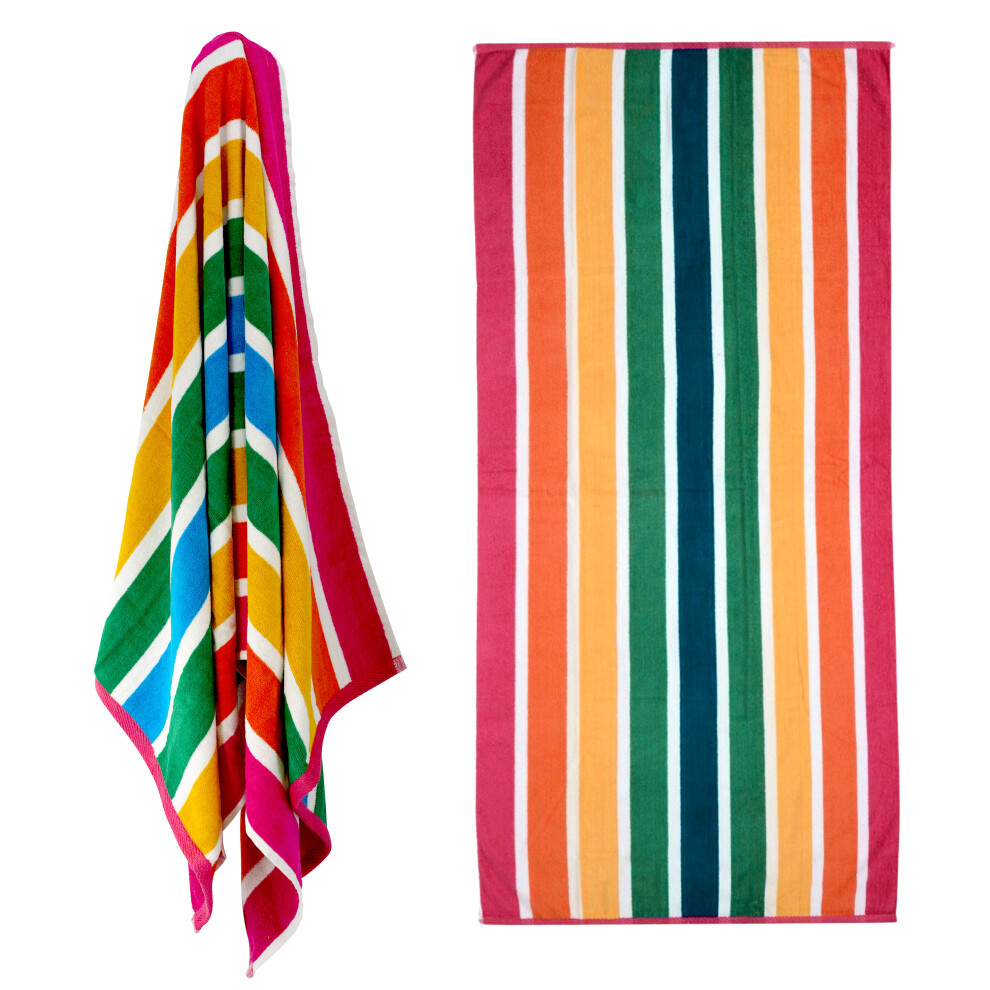 (6-K006) Large Velour Striped Beach Towel Travel Camping Swimming Holiday Soft Cotton