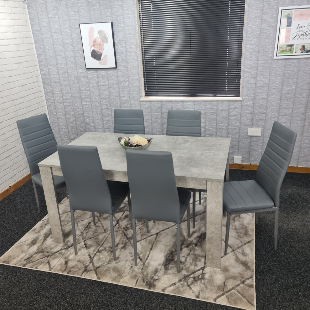 Modern Wood Stone Grey Dining Table With 6 PU Faux Leather Grey Chairs