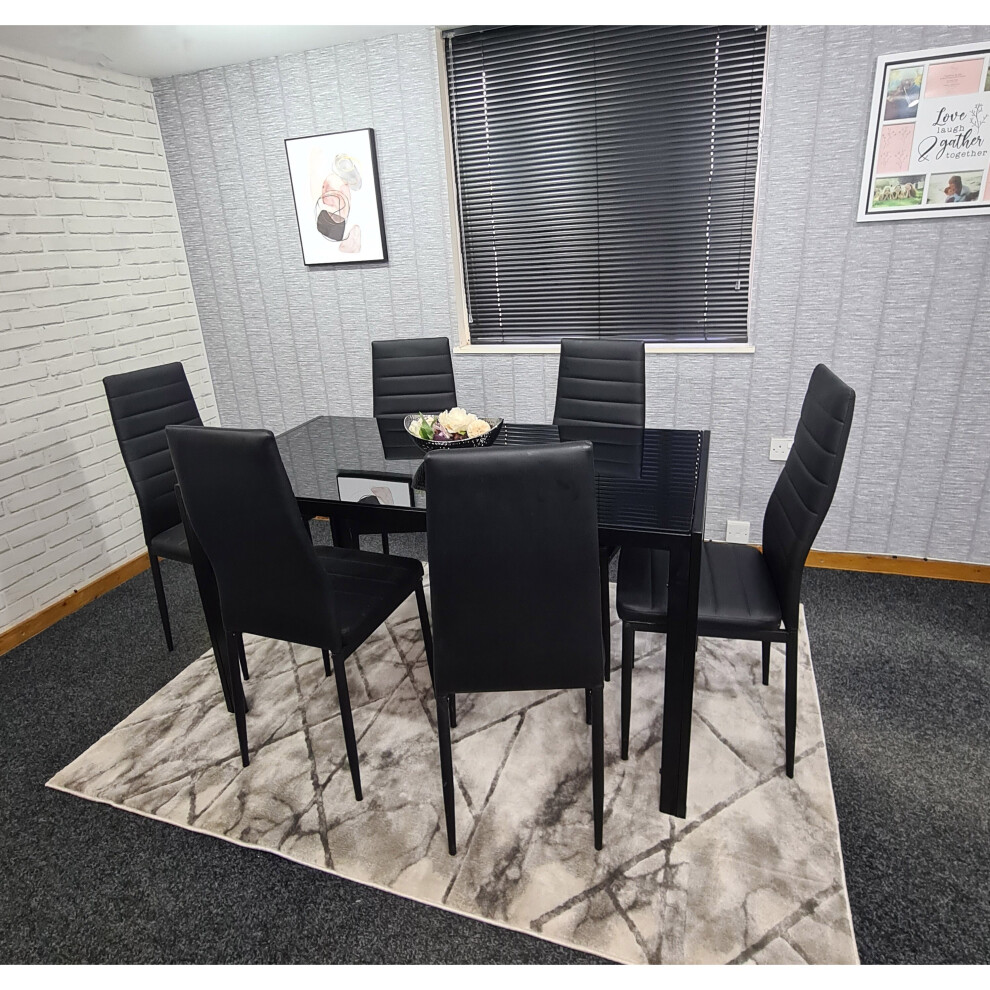 ALL BLACK GLASS DINING TABLE SET AND 6 FAUX LEATHER BLACK CHAIRS