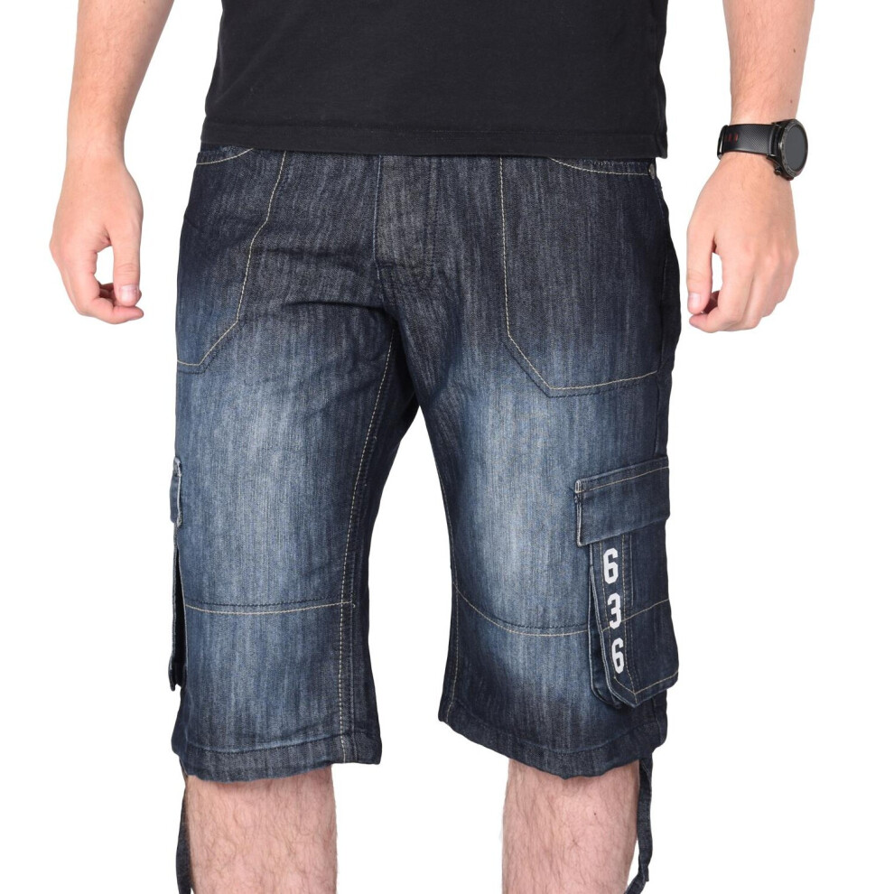 True Face (Dark Wash, 32) Mens Cargo Shorts Army Work Knee Length Half Pants