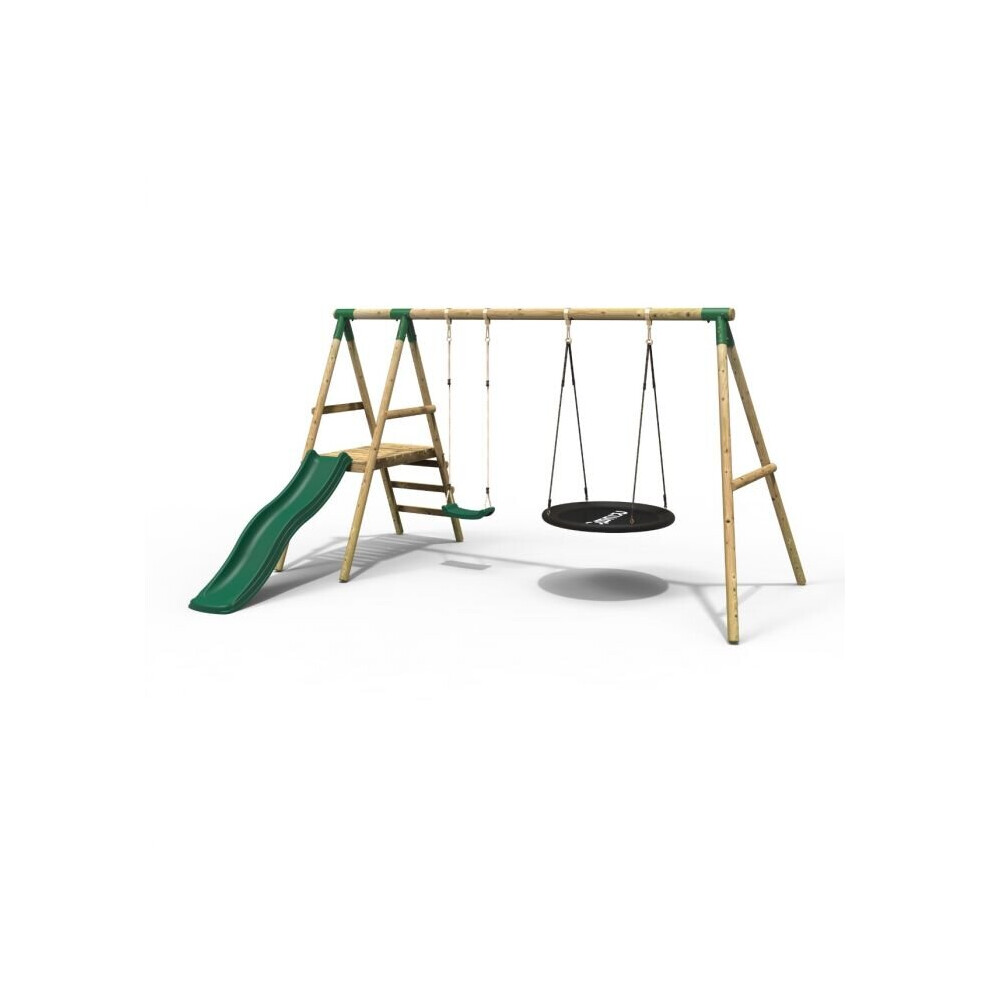 Rebo Ulysses Wooden Garden Swing Set With Platform And Slide For Kids - Green