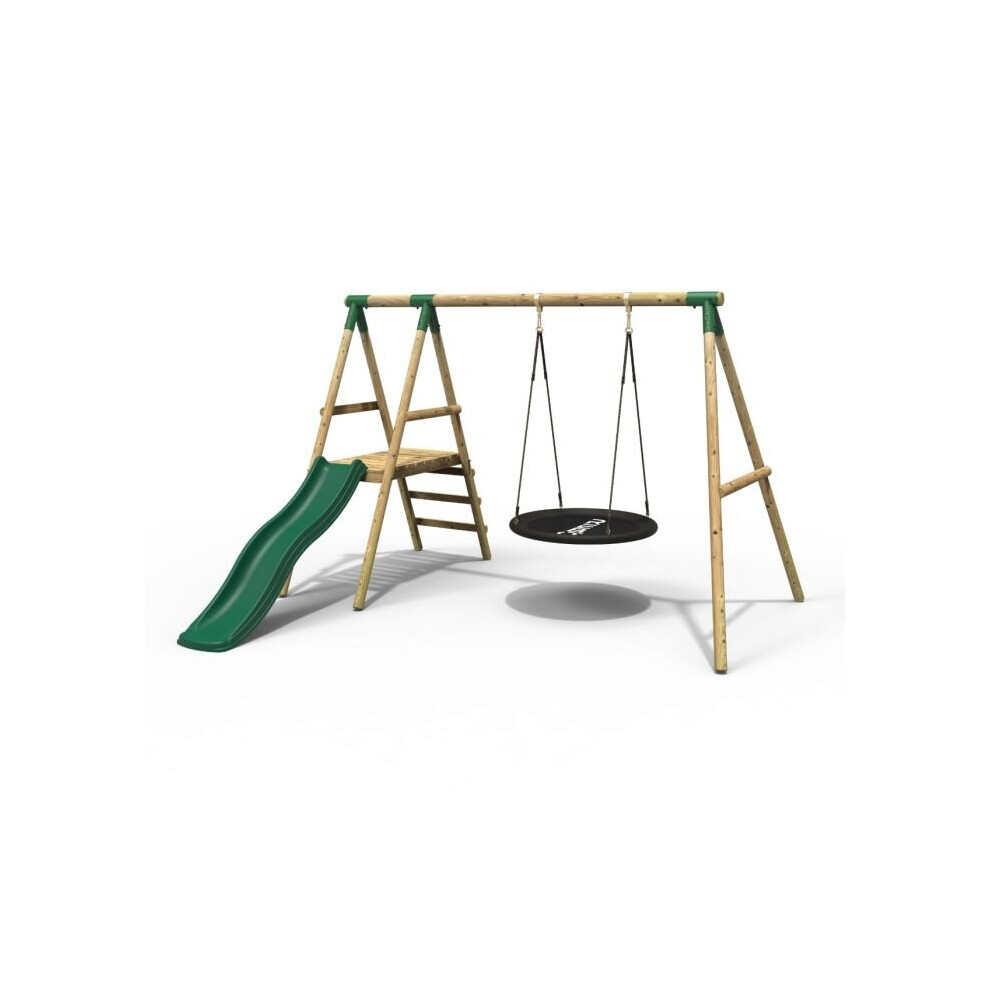 Rebo Rosetta Wooden Garden Swing Set With Platform And Slide For Kids- Green