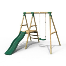 Rebo Apollo Wooden Garden Swing Set with Platform and Slide for Kids - Green