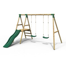 Rebo Gemini Wooden Garden Swing Set with 2 Swings, Platform and Slide for Kids - Green