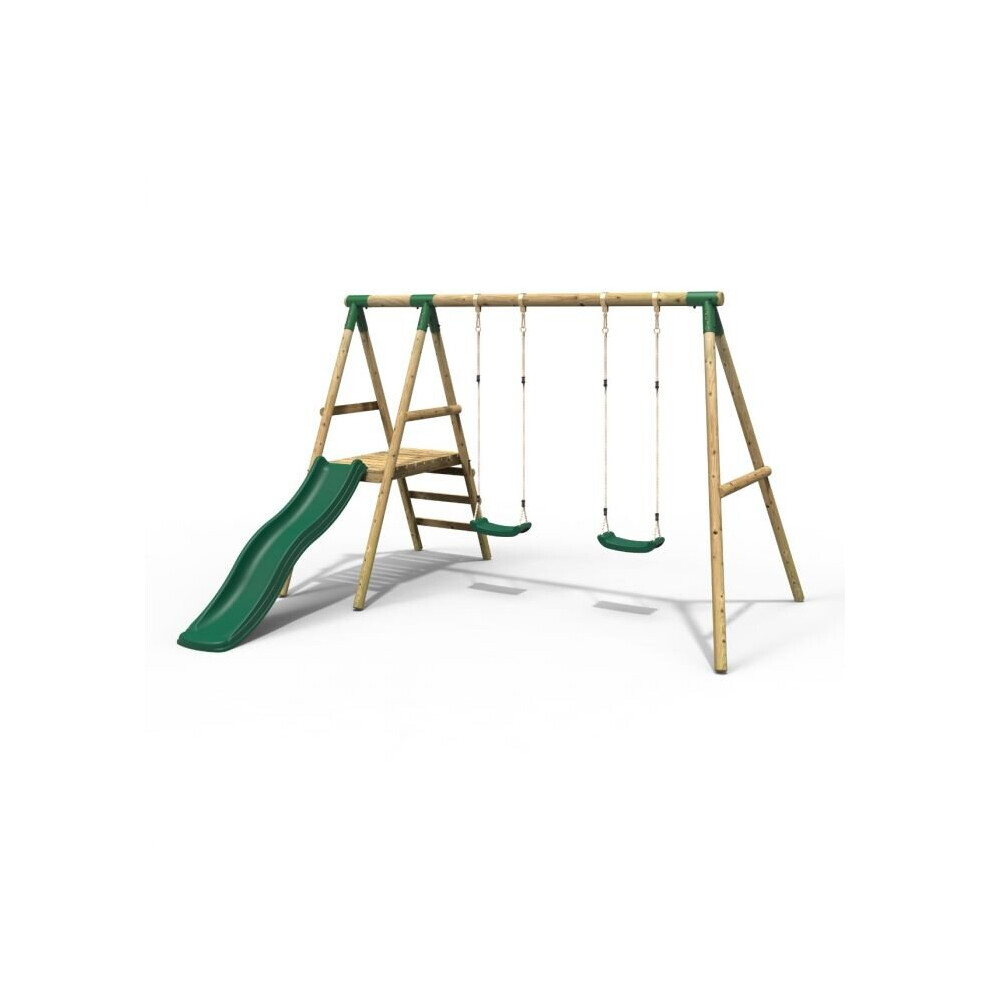 Rebo Gemini Wooden Garden Swing Set With 2 Swings, Platform And Slide For Kids - Green