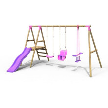 Rebo Voyager Wooden Garden Swing Set with Standard Seat, Baby Seat, Glider, Platform and Slide for Kids- Pink