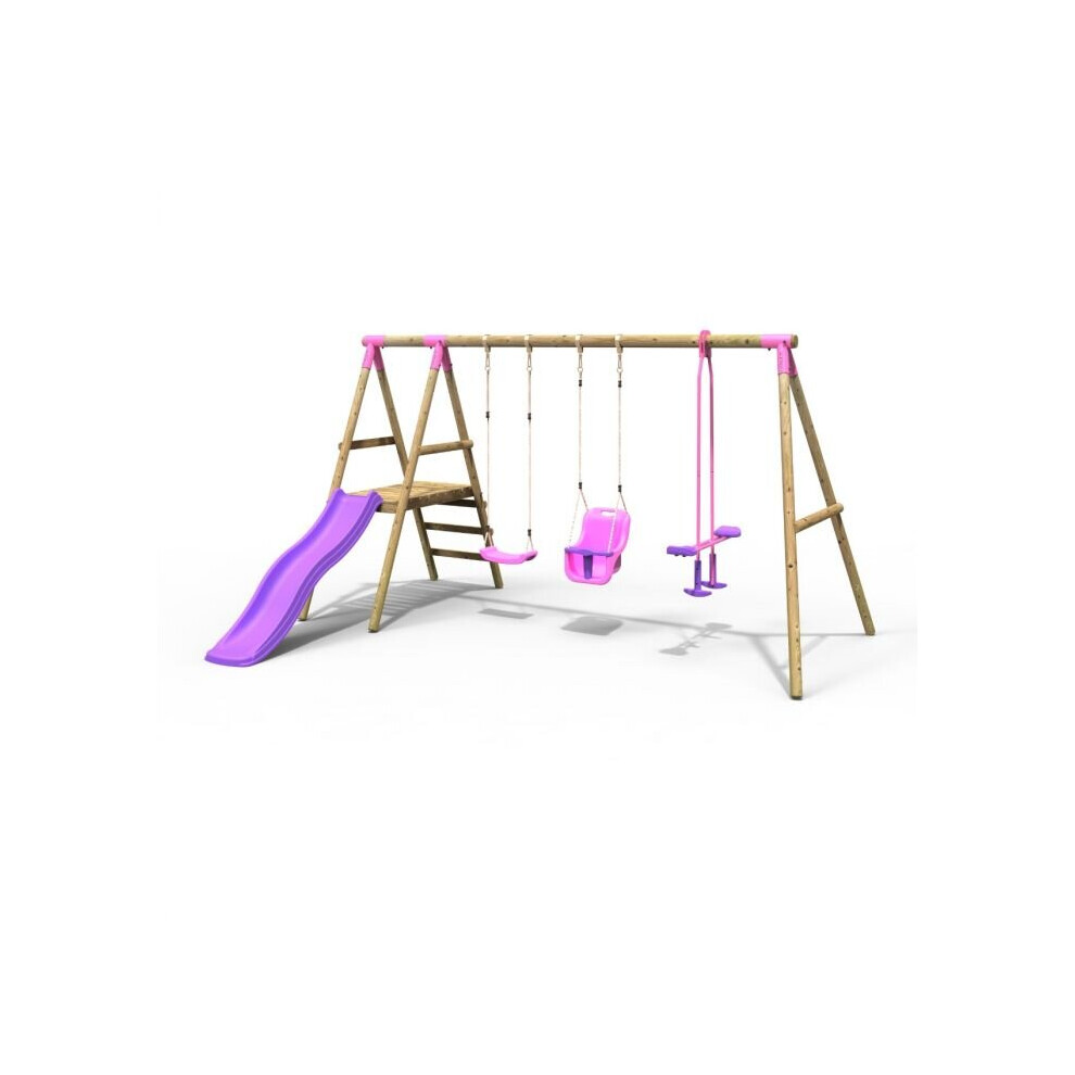 Rebo Voyager Wooden Garden Swing Set With Standard Seat, Baby Seat, Glider, Platform And Slide For Kids- Pink
