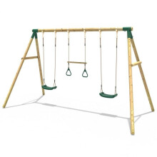 Rebo Wooden Garden Swing Set with 2 Swings and Trapeze Bar - Comet Green