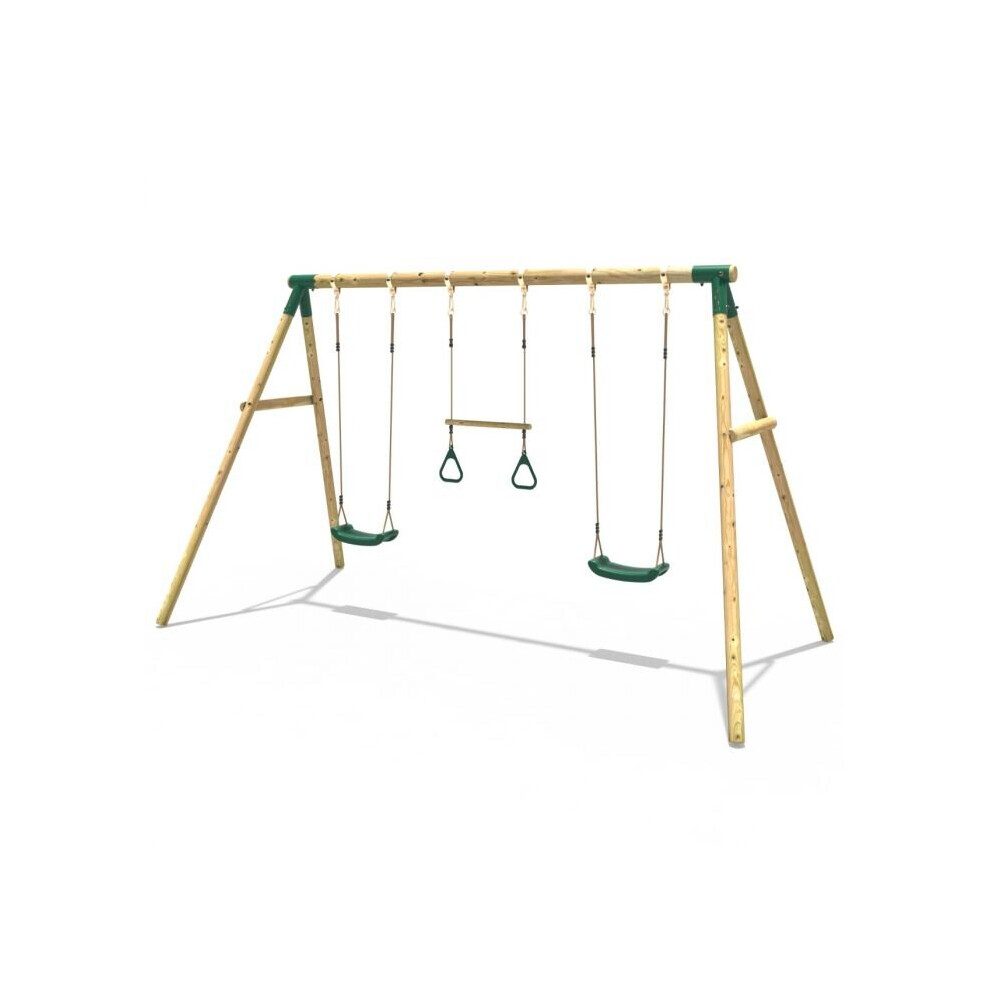 Rebo Wooden Garden Swing Set with 2 Swings and Trapeze Bar - Comet Green