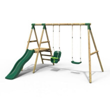 Rebo Odyssey Wooden Garden Swing Set with Standard Seat, Baby Seat, Platform and Slide for Kids - Green