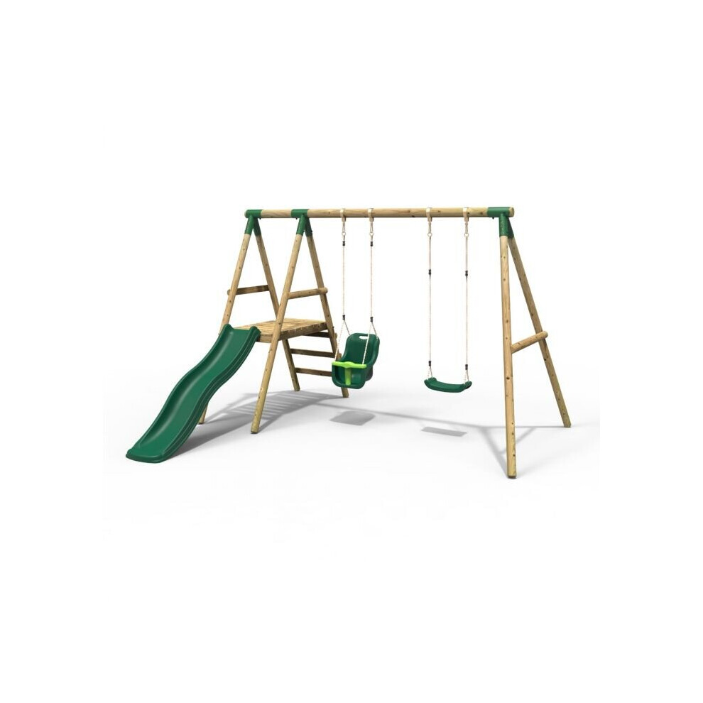 Rebo Odyssey Wooden Garden Swing Set with Standard Seat, Baby Seat, Platform and Slide - Green