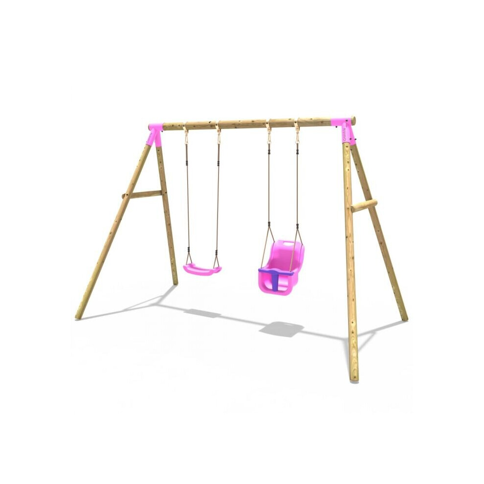 Rebo Wooden Garden Swing Set with Standard Seat and Baby Seat - Luna Pink