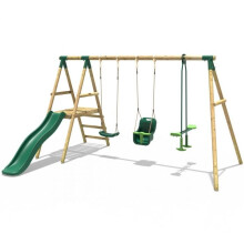 Rebo Voyager Wooden Garden Swing Set with Standard Seat, Baby Seat, Glider, Platform and Slide for Kids - Green