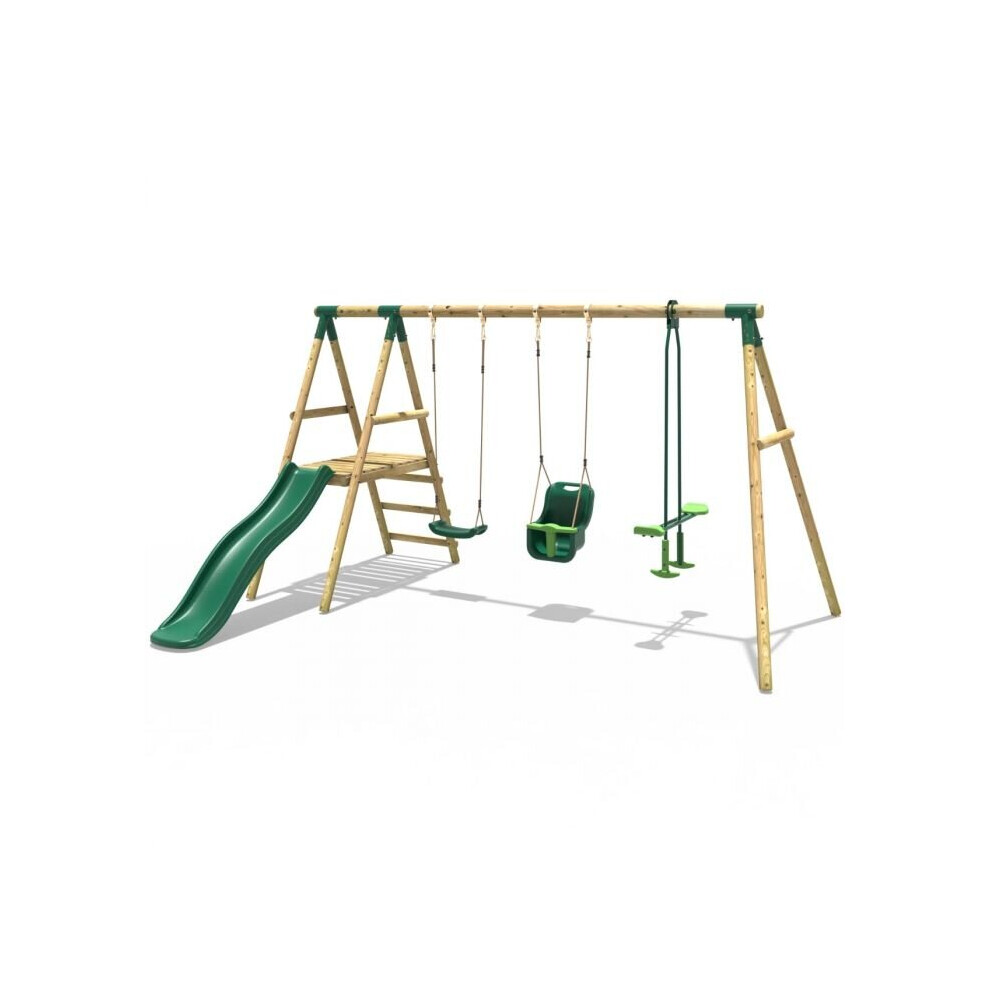 Rebo Voyager Wooden Garden Swing Set With Standard Seat, Baby Seat, Glider, Platform And Slide For Kids - Green
