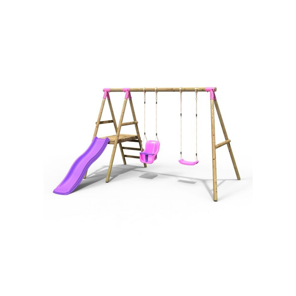 Rebo Odyssey Wooden Garden Swing Set with Standard Seat, Baby Seat, Platform and Slide - Pink