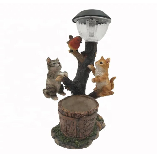 SWEET HOME CATS &ROBIN SOLAR LIGHT HAND PAINTED GARDEN PLANTER LANTERN ...