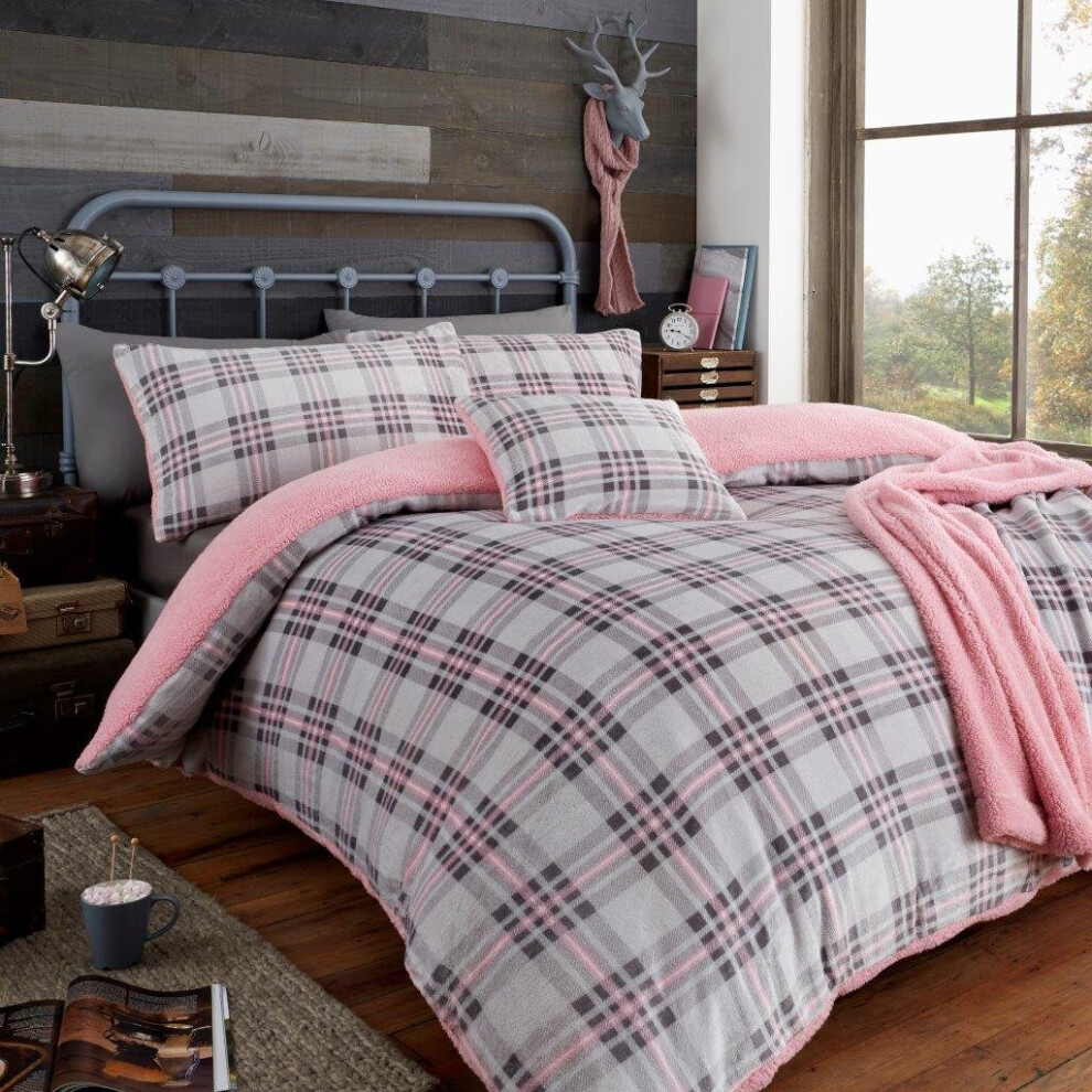 (Single, Grey/Pink) Premium Teddy Bear Fleece Highland Check Duvet Bedding Set