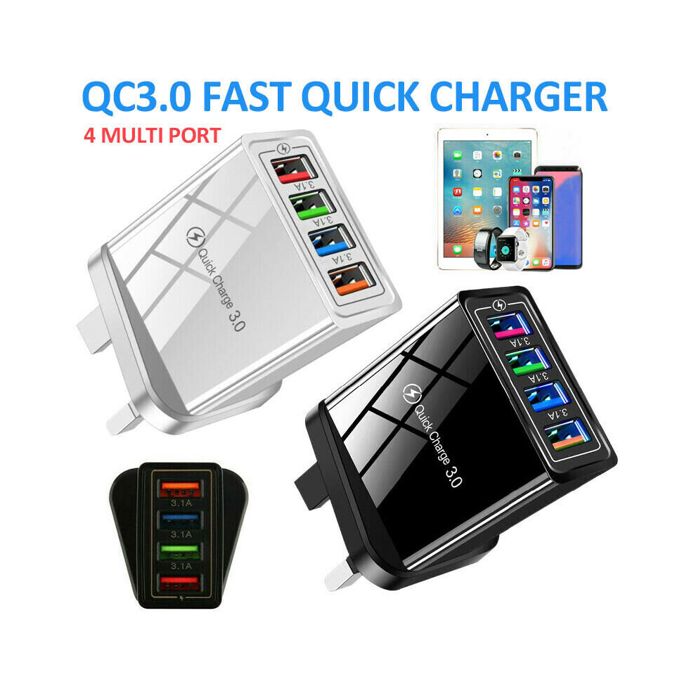 (Black) 4 Port Fast Quick Charge QC 3.0 USB Hub Wall Home Charger Power Adapter UK Plug