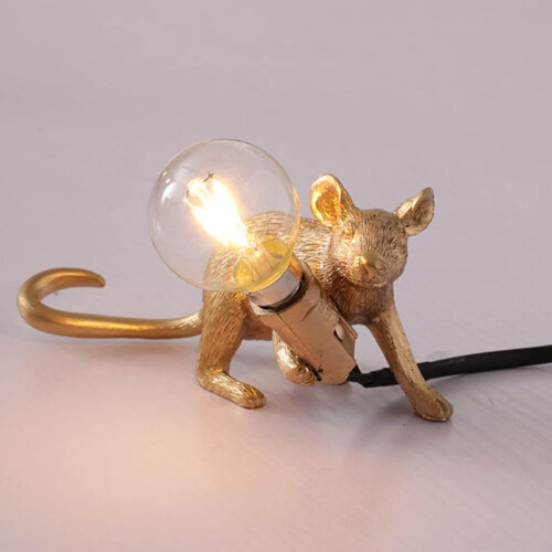 (Gold, Sitting) Eu Plug Modern Resin Mouse Table Lamp White Golden Rat Bedside Light Room Decor