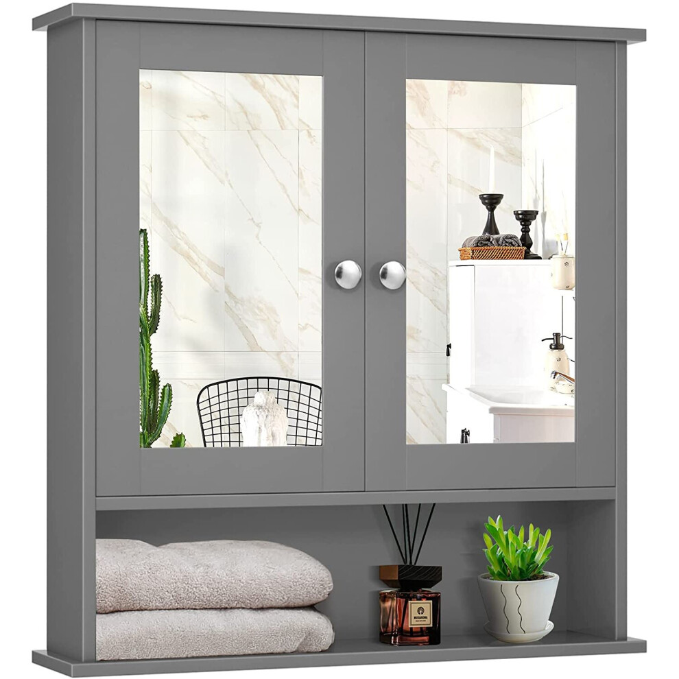 Bathroom Mirror Cabinet Wall Mounted Storage Double Doors Room (Grey)