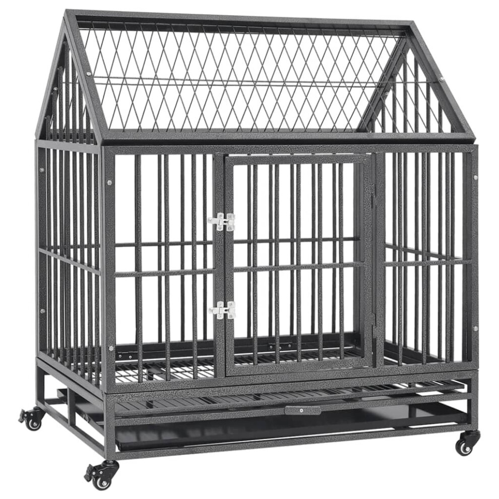 vidaXL Dog Cage with Wheels and Roof Steel Puppy Supply Enclosure Crate Kennel