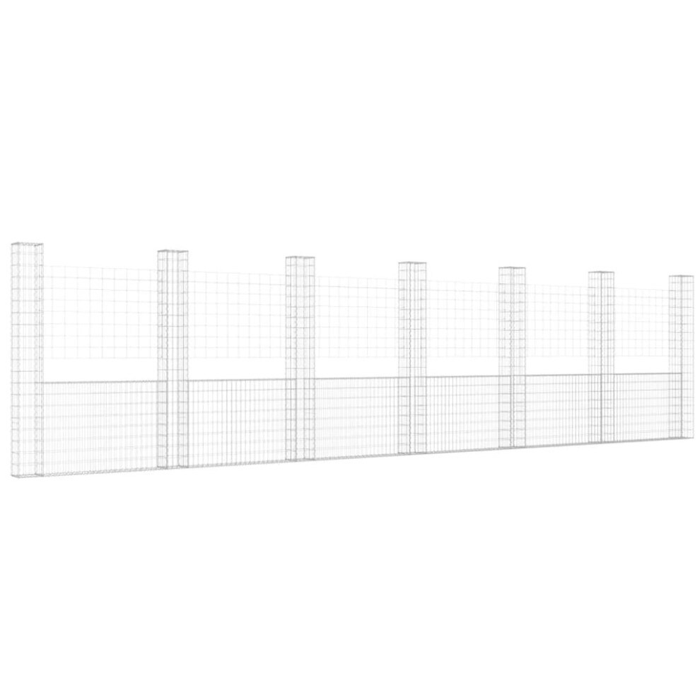 vidaXL U-shape Gabion Basket with 7 Posts Iron Basket Wall Fence Panel Barrier