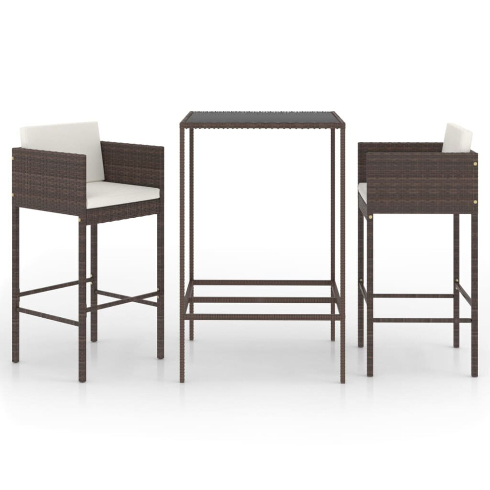 vidaXL Garden Bar Set 3 Piece with Cushions Poly Rattan Brown Table and Chair