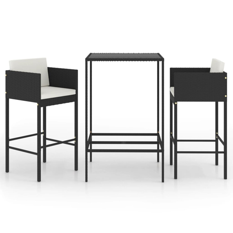 vidaXL Garden Bar Set 3 Piece with Cushions Poly Rattan Black Table and Chair