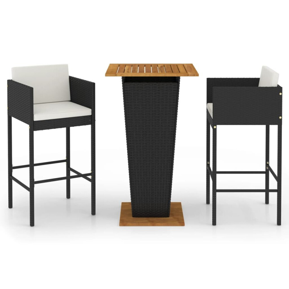 vidaXL Garden Bar Set 3 Piece with Cushions Poly Rattan Black Table and Chair