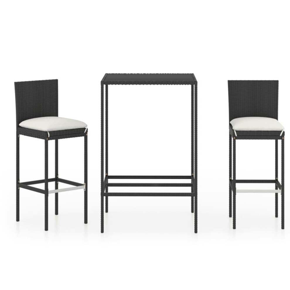 vidaXL Garden Bar Set 3 Piece with Cushions Poly Rattan Black Table and Chair