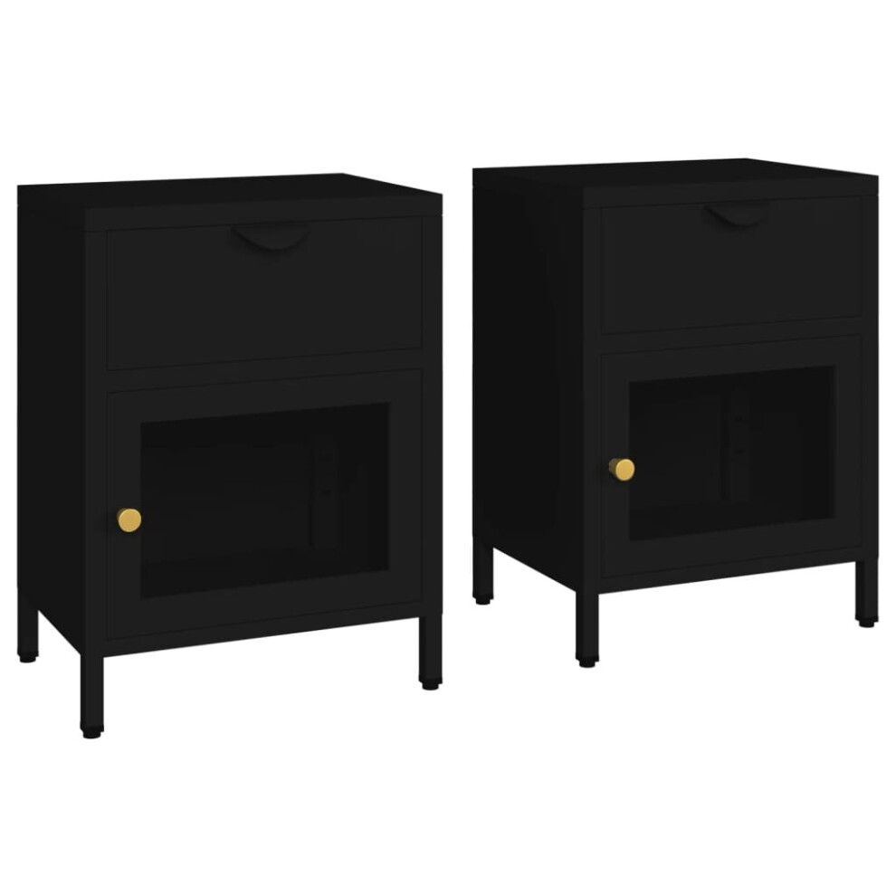 vidaXL 2x Nightstands Black Steel and Glass Bedside Storage Cabinet Side Table