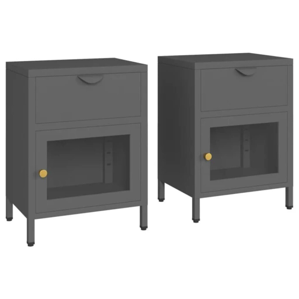 Vidaxl 2X Nightstands Anthracite Steel And Glass Bedside Cabinet Side Table