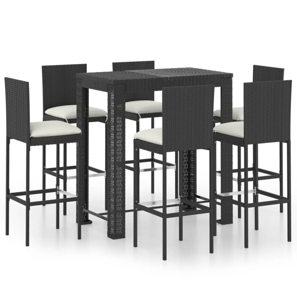 vidaXL Garden Bar Set 7 Piece with Cushions Poly Rattan Black Table and Chair