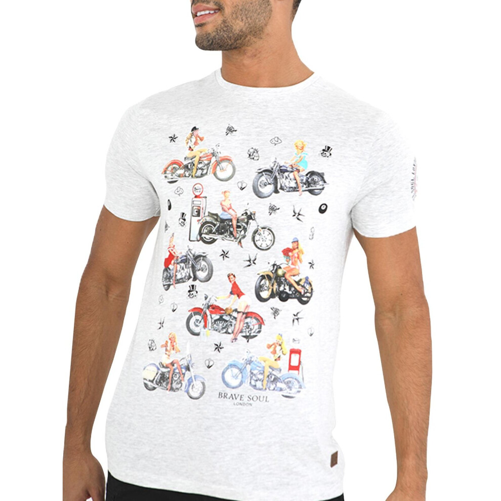 (Light Ecru Marl, M) Mens Crew Neck T-Shirts Bike Ride Print Summer Top