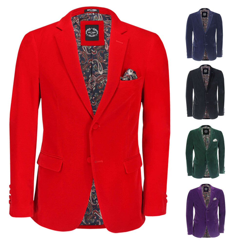 (54, Red) GARY - Mens Velvet Blazer Classic Smart Casual Tailored Fit Wedding Suit Jacket